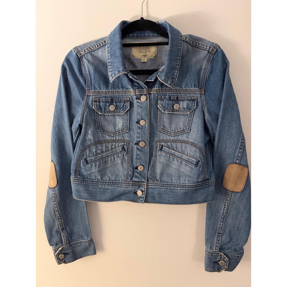 Old Navy Women's M Cropped Denim Jacket Leather Elbow Patches Distressed